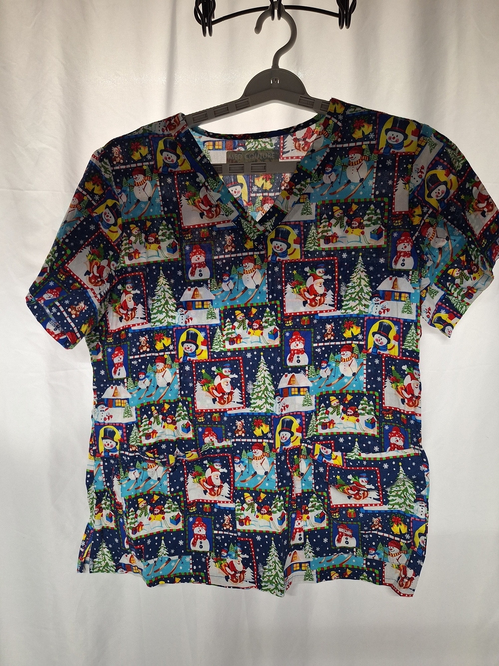 Med Couture Womans Navy Multi Holiday V-Neck Top